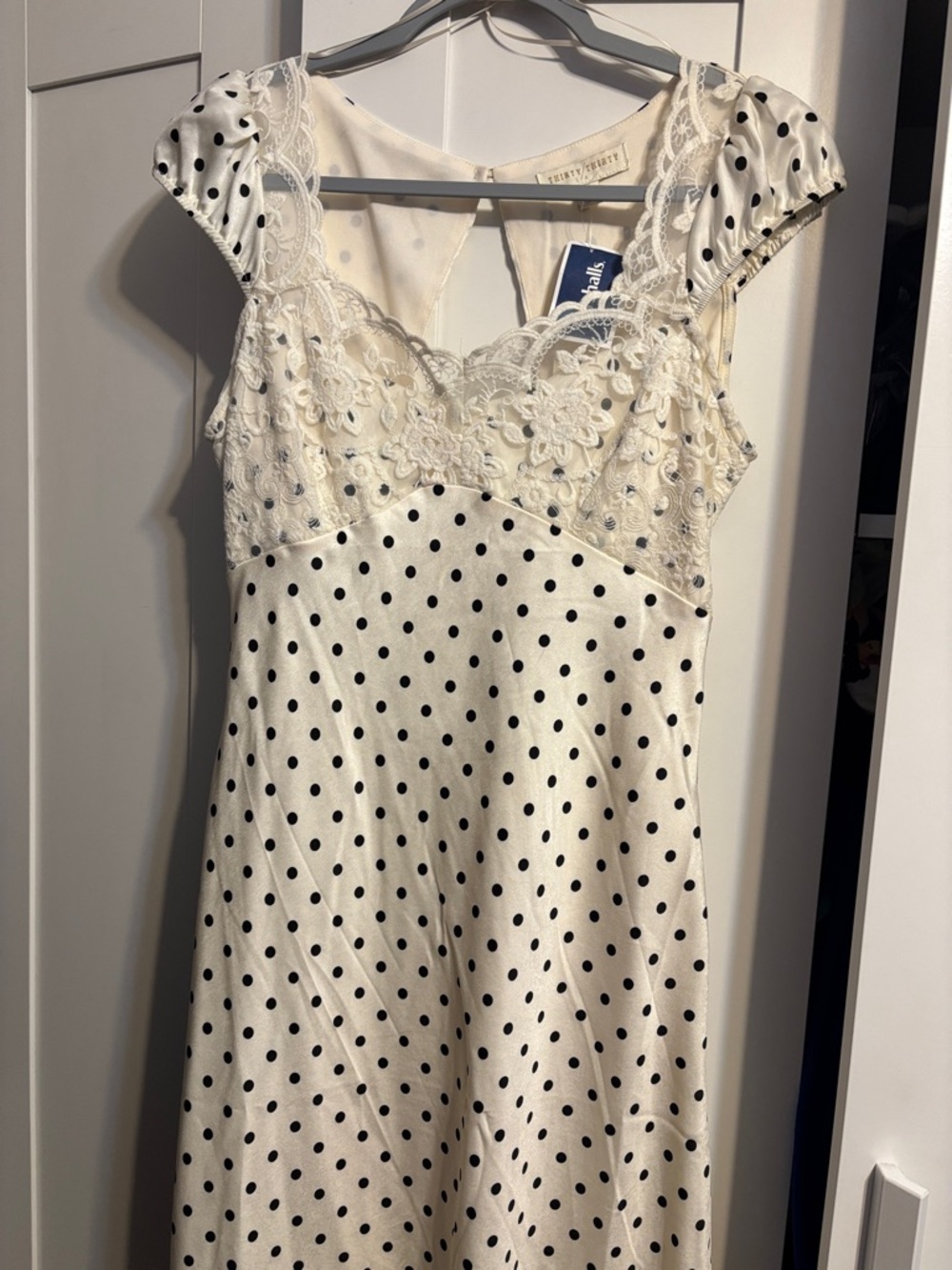 Lace-Trim Polka Dot Slip Dress in Ivory with Black Dots